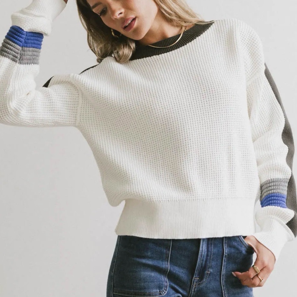 Bohme White Sweater with Blue and Gray Accents
